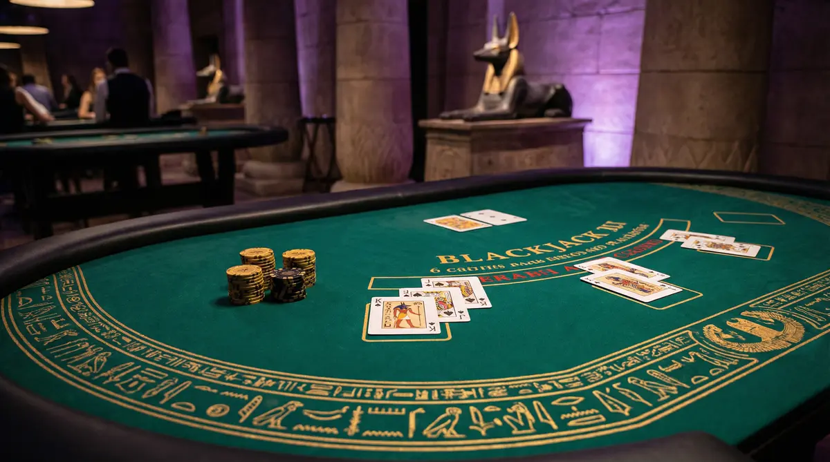 Mesa de blackjack com decoração egípcia no mgmbet casino
